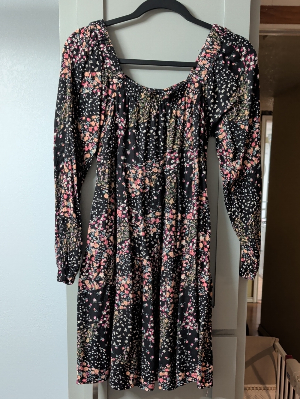 Rewind Black Long-Sleeve Floral Midi Dress with Pink & Cream Accents
